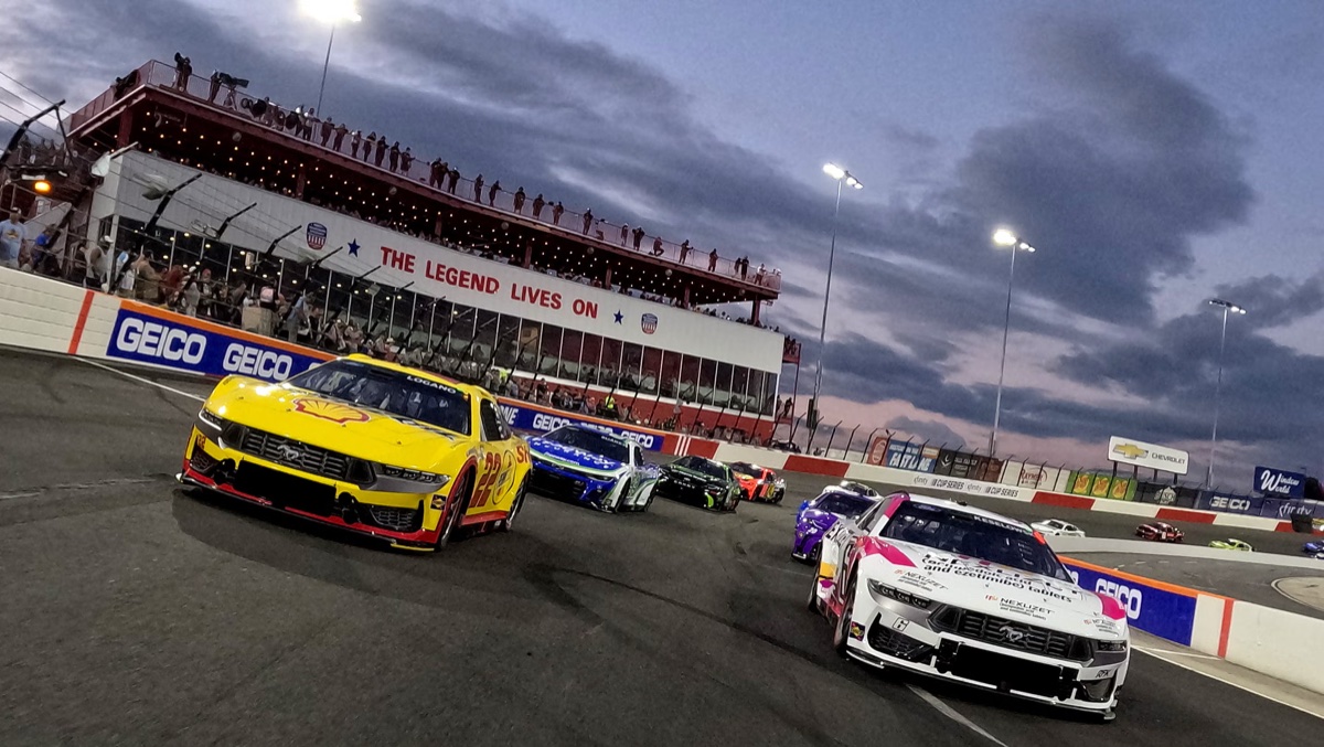 Cup cars on track at North Wilkesboro Speedway