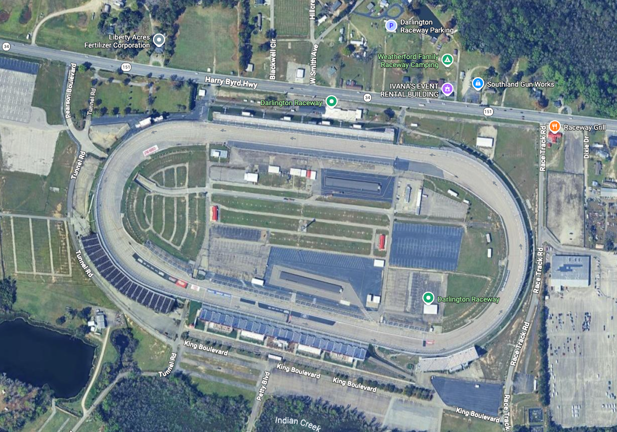 Satellite view of Darlington Raceway, the 1.366-mile egg-shaped oval in Darlington, South Carolina