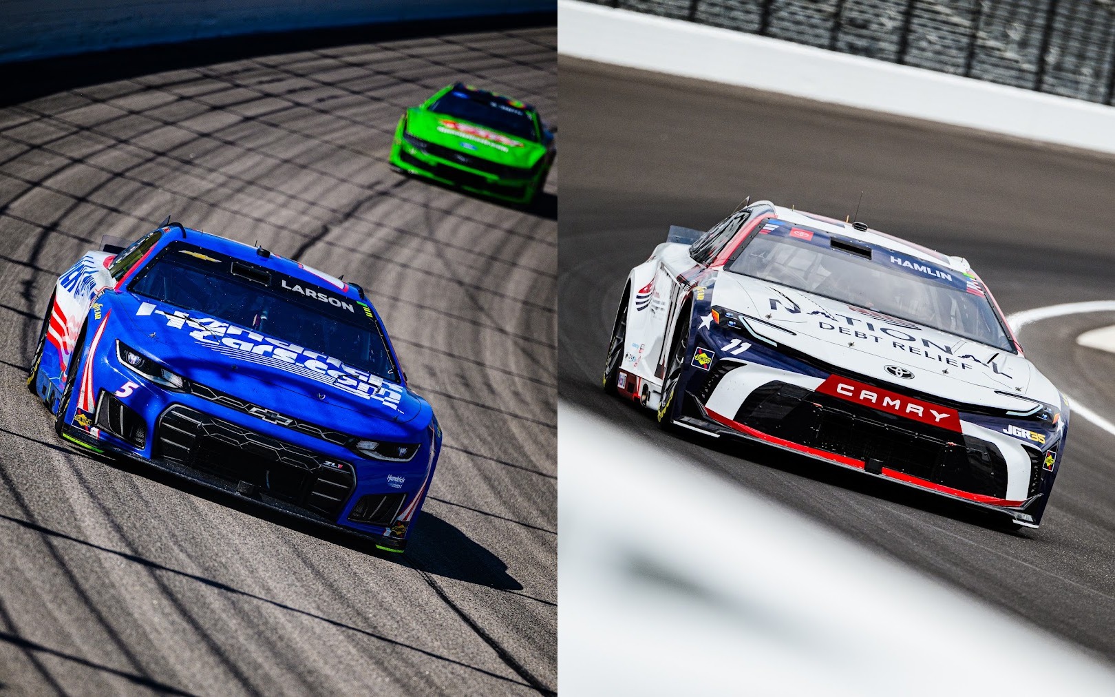 Kyle Larson’s No. 5 Chevrolet and Denny Hamlin’s No. 11 Toyota, head-on, side by side
